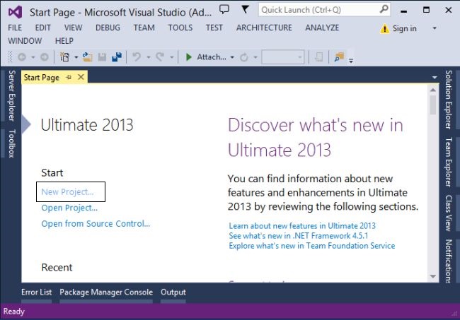 Visual Studio 2013 Start Page